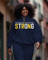 Women's Plus Size Stay Strong Zip-up Stand-up Collar Sweatshirt and Casual Pants Set